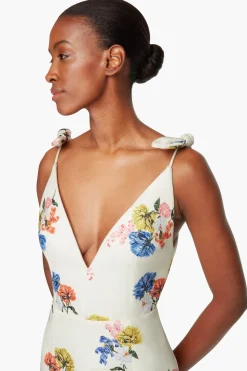 Vero Dress In Retro Bouquet On White Taffeta Faille