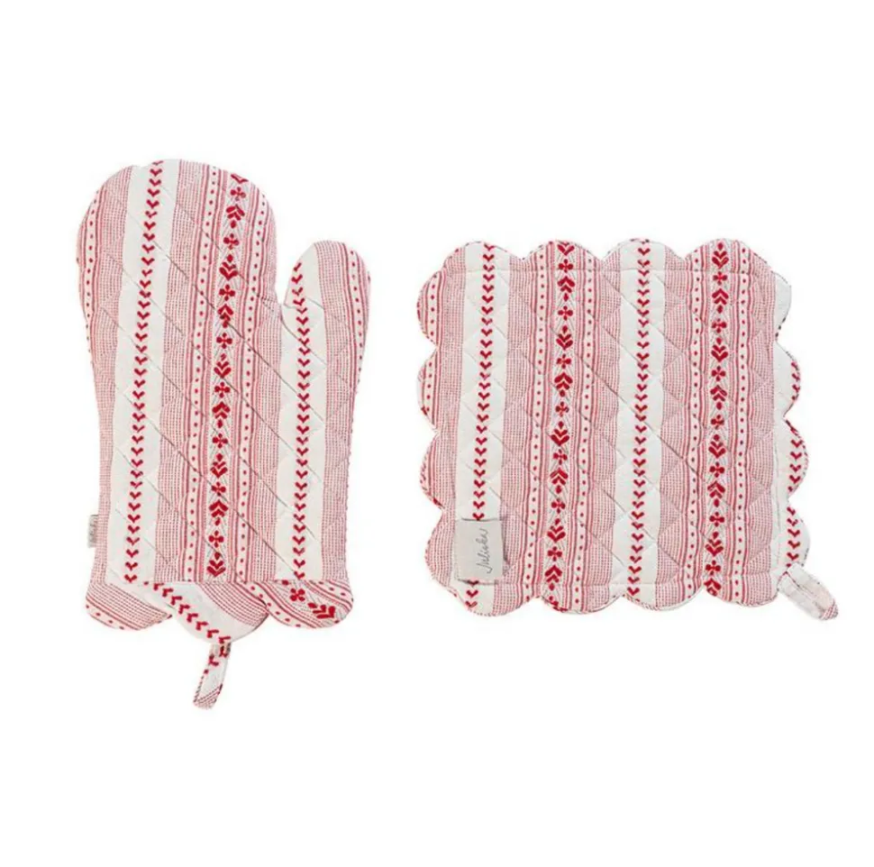 Villa Stripe Oven Mitt and Pot Holder, Set of 2 in Ruby