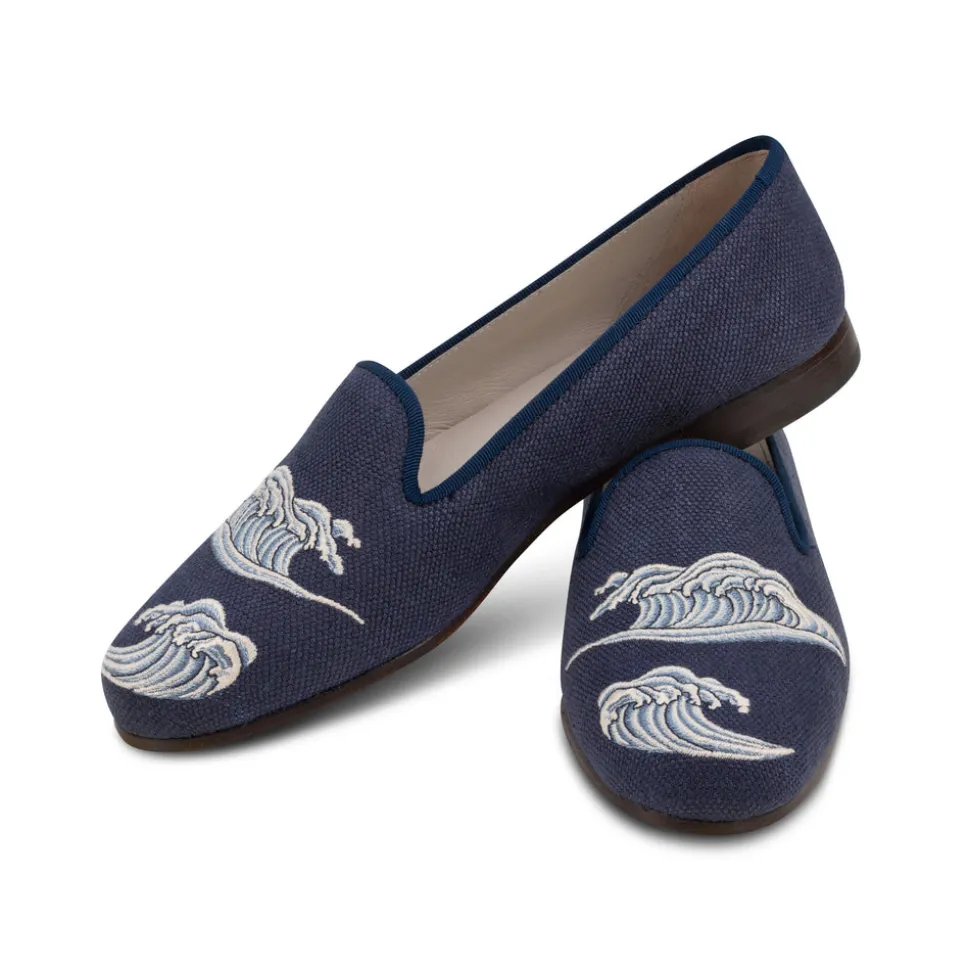 Waves Indigo Linen Slipper