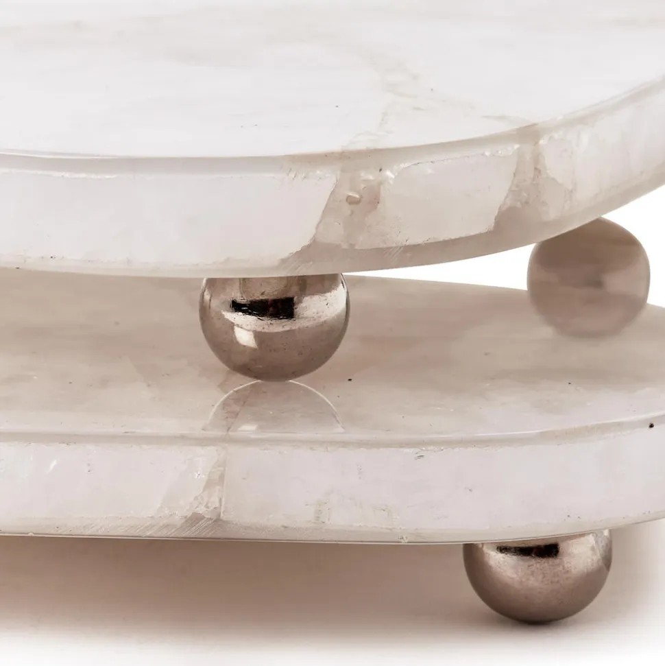 White Quartz Round Edge w Silver Feet Tray, Set of 2