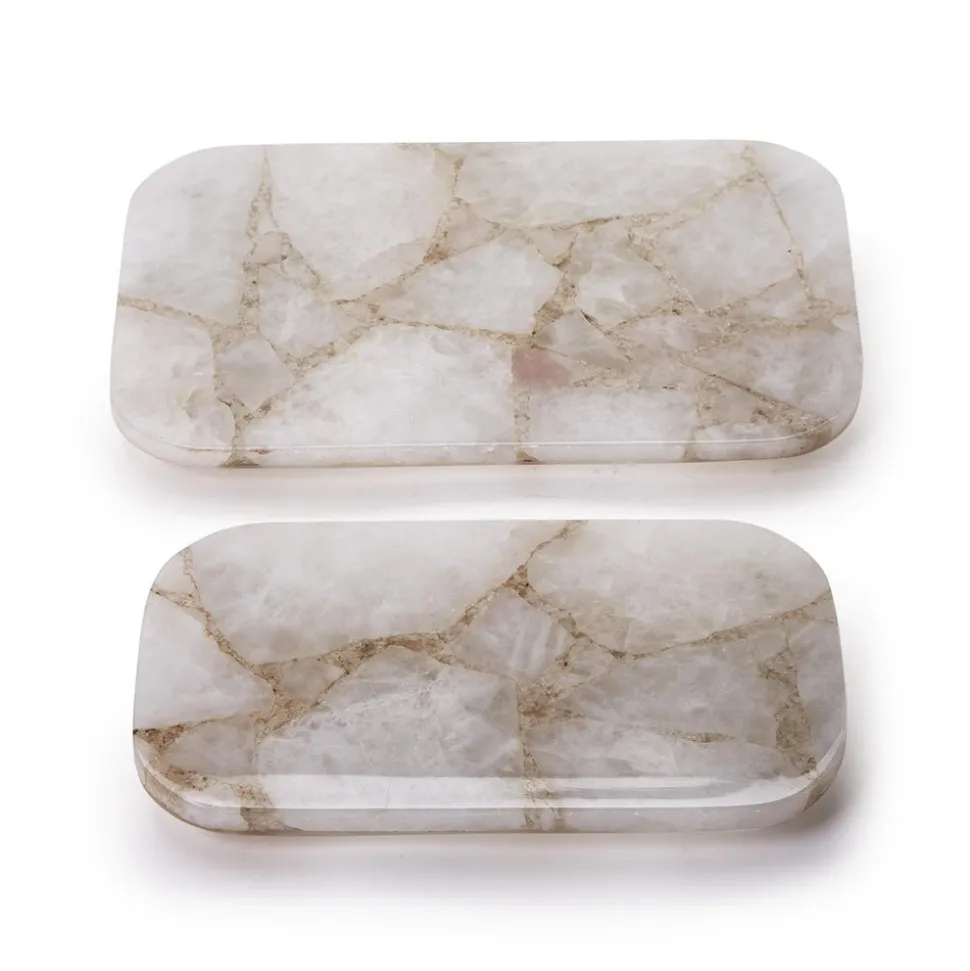 White Quartz Round Edge w Silver Feet Tray, Set of 2