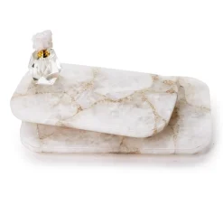 White Quartz Round Edge w Silver Feet Tray, Set of 2