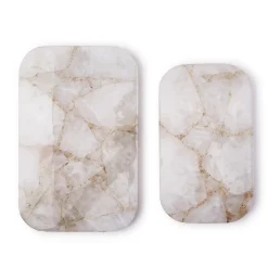 White Quartz Round Edge w Silver Feet Tray, Set of 2