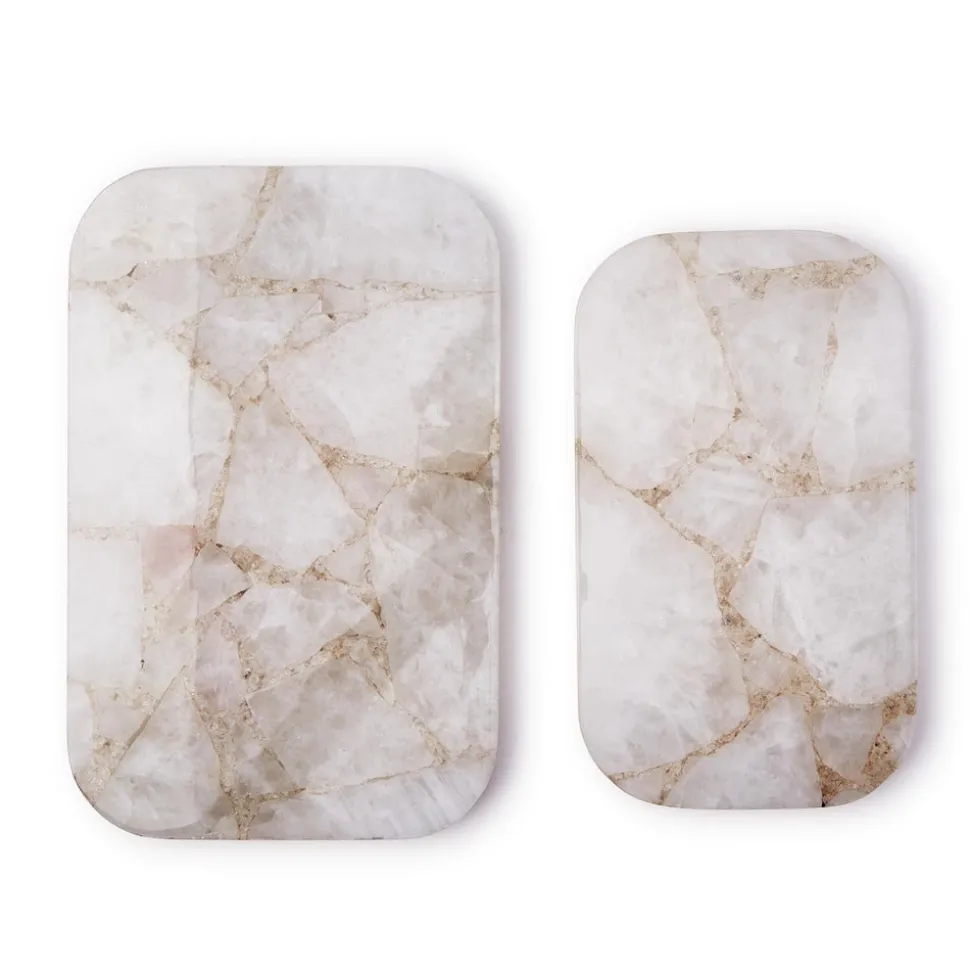 White Quartz Round Edge w Silver Feet Tray, Set of 2