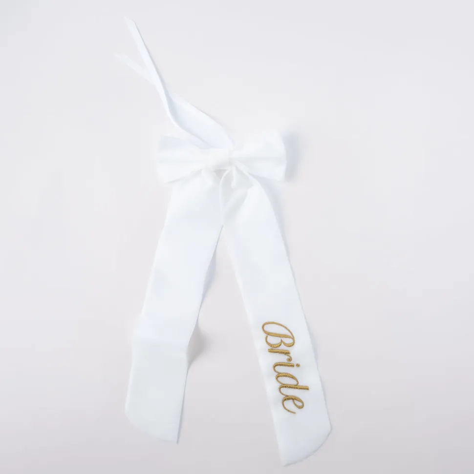 Wine Bow “Bride” in White with Gold