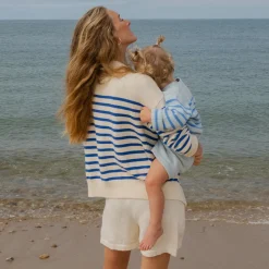 Women's Cream and Blue Stripe Knit Cardigan