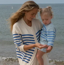 Women's Cream and Blue Stripe Knit Cardigan