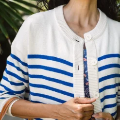 Women's Cream and Blue Stripe Knit Cardigan