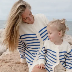 Women's Cream and Blue Stripe Knit Cardigan