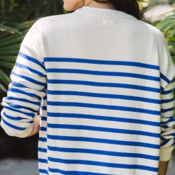 Women's Cream and Blue Stripe Knit Cardigan