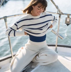 Women’s Cream And Navy Wide Stripe Knit Sweater