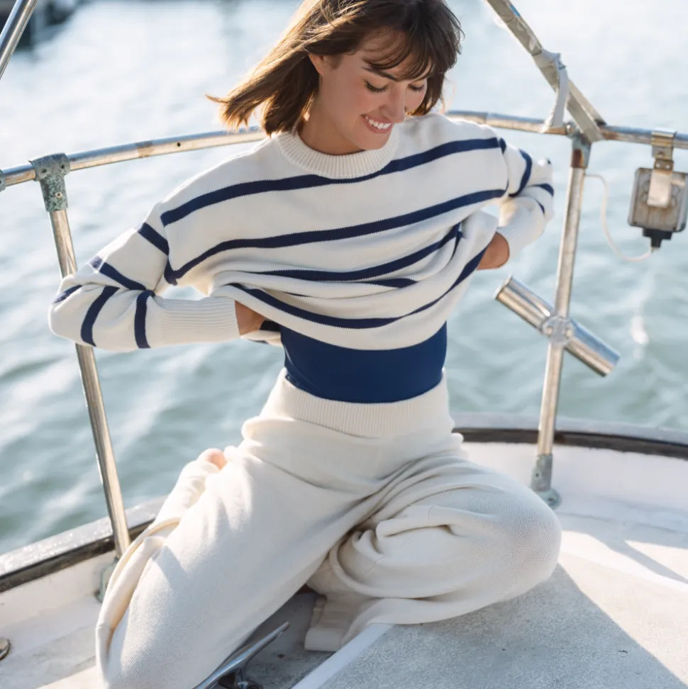 Women’s Cream And Navy Wide Stripe Knit Sweater