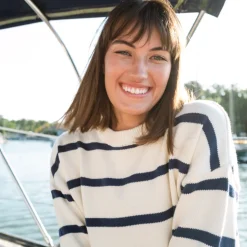 Women’s Cream And Navy Wide Stripe Knit Sweater