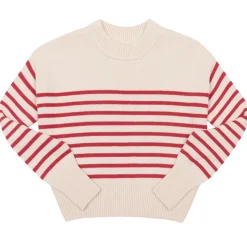 Women's Cream and Red Stripe Cropped Sweater