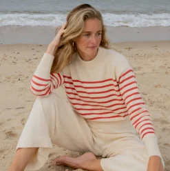 Women's Cream and Red Stripe Cropped Sweater