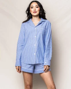 Women’s French Blue Seersucker Long Sleeve Short Set