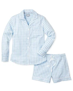 Women’s Light Blue Gingham Long Sleeve Short Set