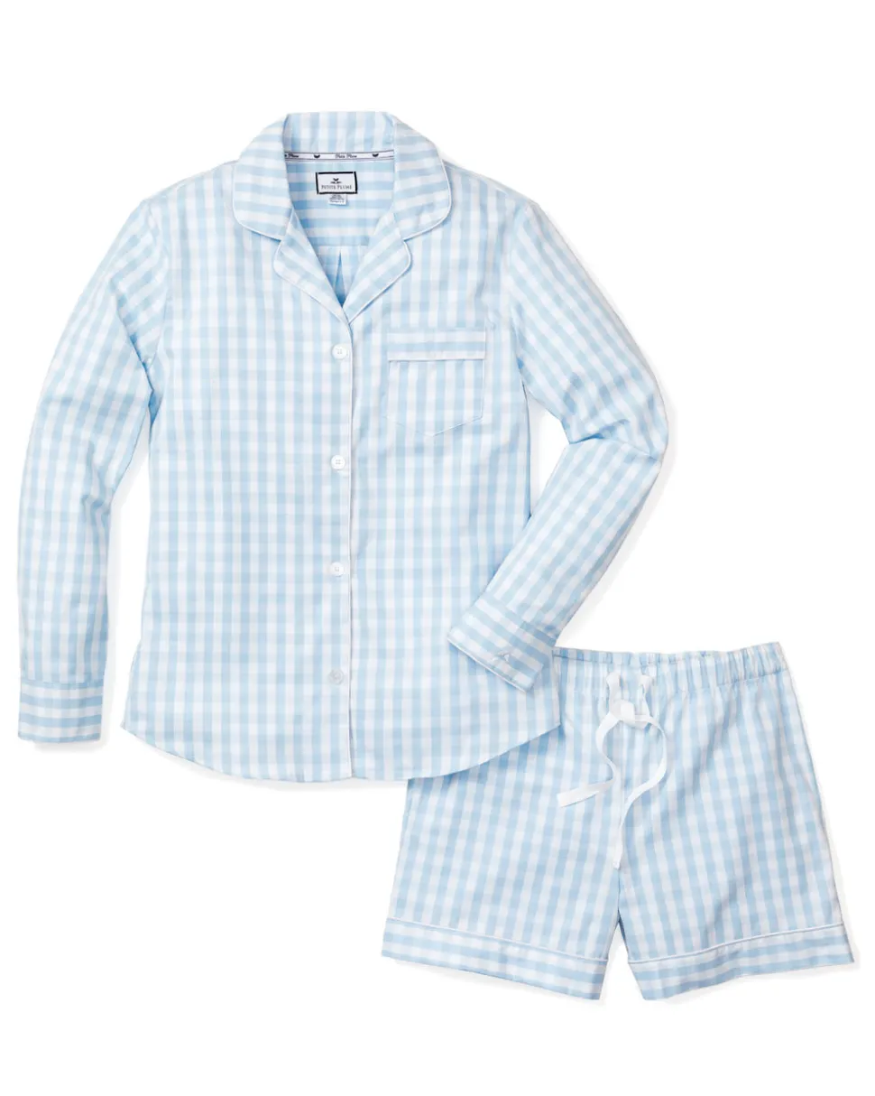 Women’s Light Blue Gingham Long Sleeve Short Set