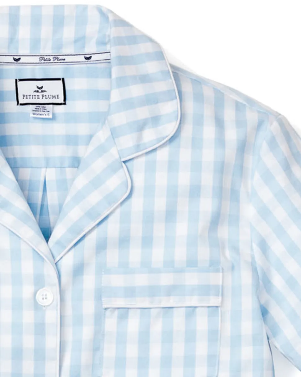 Women’s Light Blue Gingham Long Sleeve Short Set