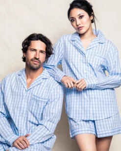 Women’s Light Blue Gingham Long Sleeve Short Set