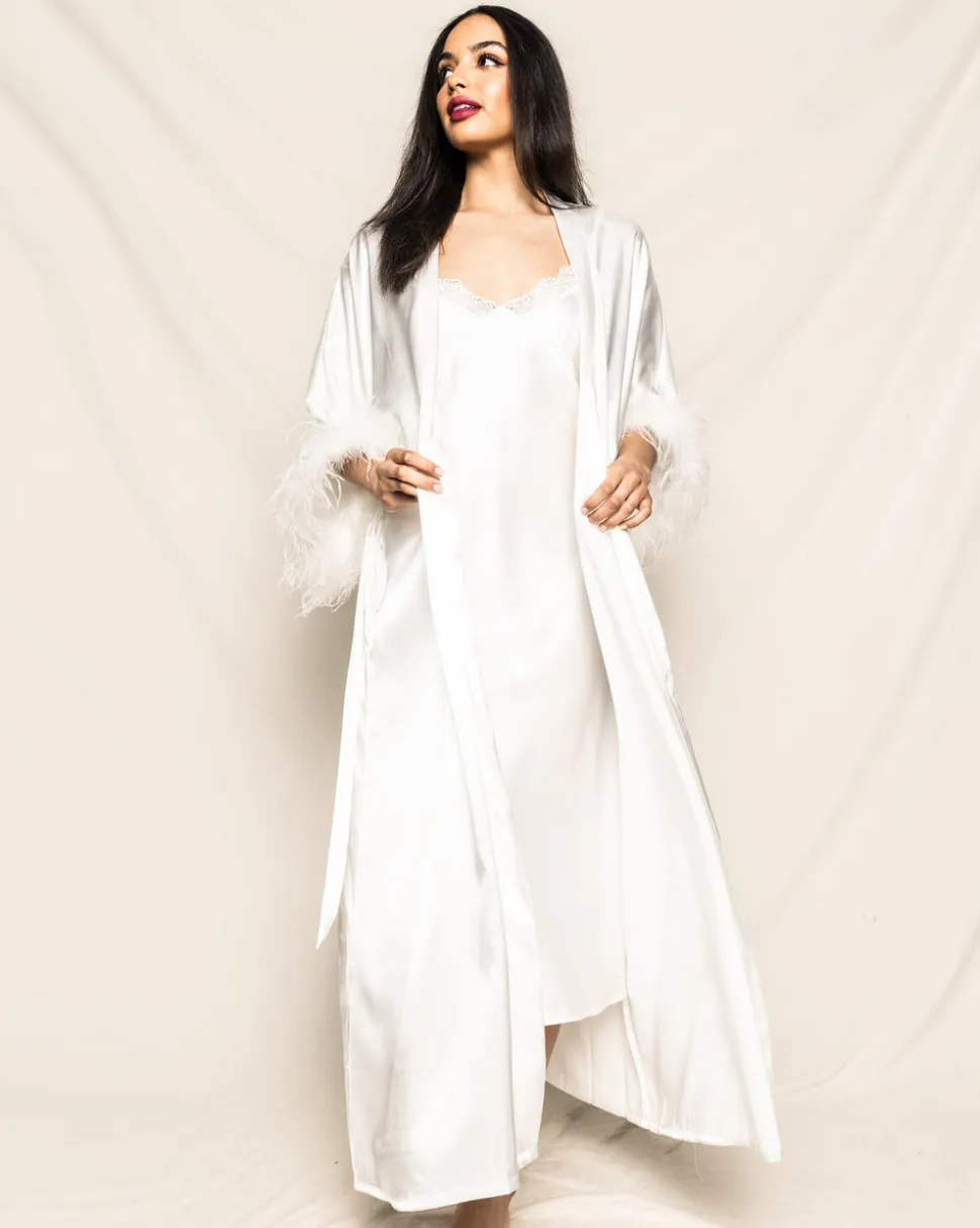 Women’s Mulberry White Silk Luxe Long Robe with Feathers