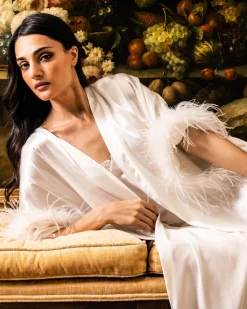 Women’s Mulberry White Silk Luxe Long Robe with Feathers
