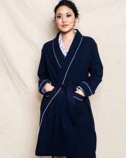 Women’s Navy Flannel Robe with White Piping