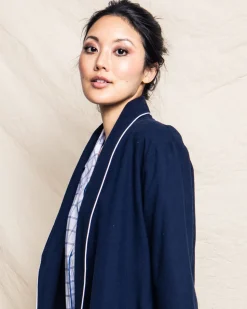 Women’s Navy Flannel Robe with White Piping
