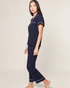 Women's Pima Crop Set in Navy with White Piping