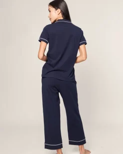 Women's Pima Crop Set in Navy with White Piping