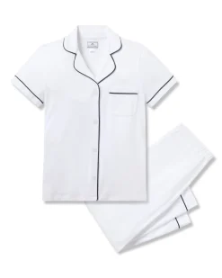 Women’s Pima Crop Set in White with Navy Piping