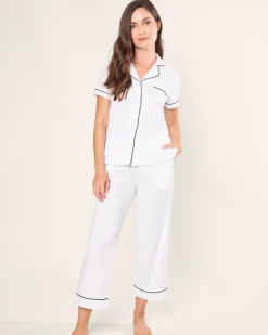 Women’s Pima Crop Set in White with Navy Piping