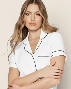 Women’s Pima Short Sleeve Short Set in White & Navy