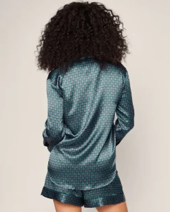 Women’s Silk Long Sleeve Short Set in Emerald Foulard