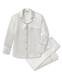 Women’s Silk Pajama Set White with Periwinkle Piping