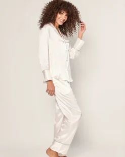 Women’s Silk Pajama Set White with Periwinkle Piping