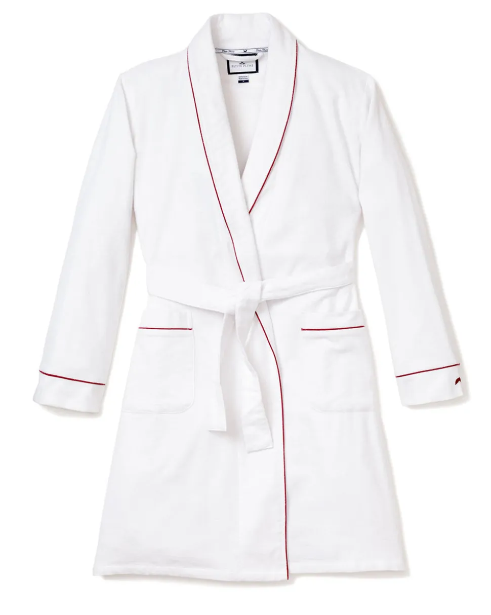 Women’s White Flannel Robe with Red Piping