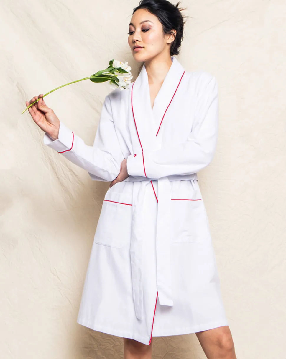 Women’s White Flannel Robe with Red Piping