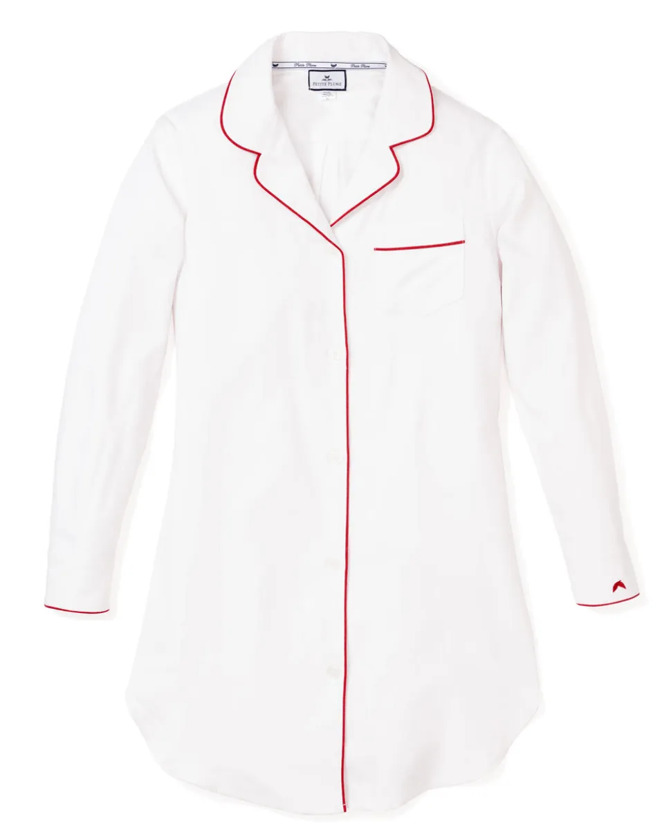 Women’s White Twill Nightshirt with Red Piping