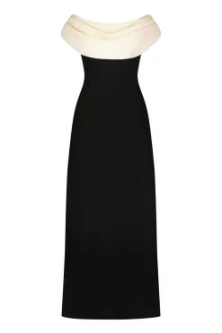 Wool Crepe Cowl Neck Gown in Black & Cream