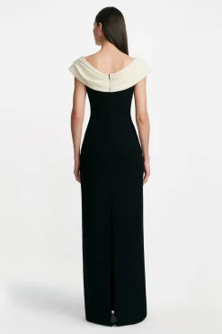 Wool Crepe Cowl Neck Gown in Black & Cream