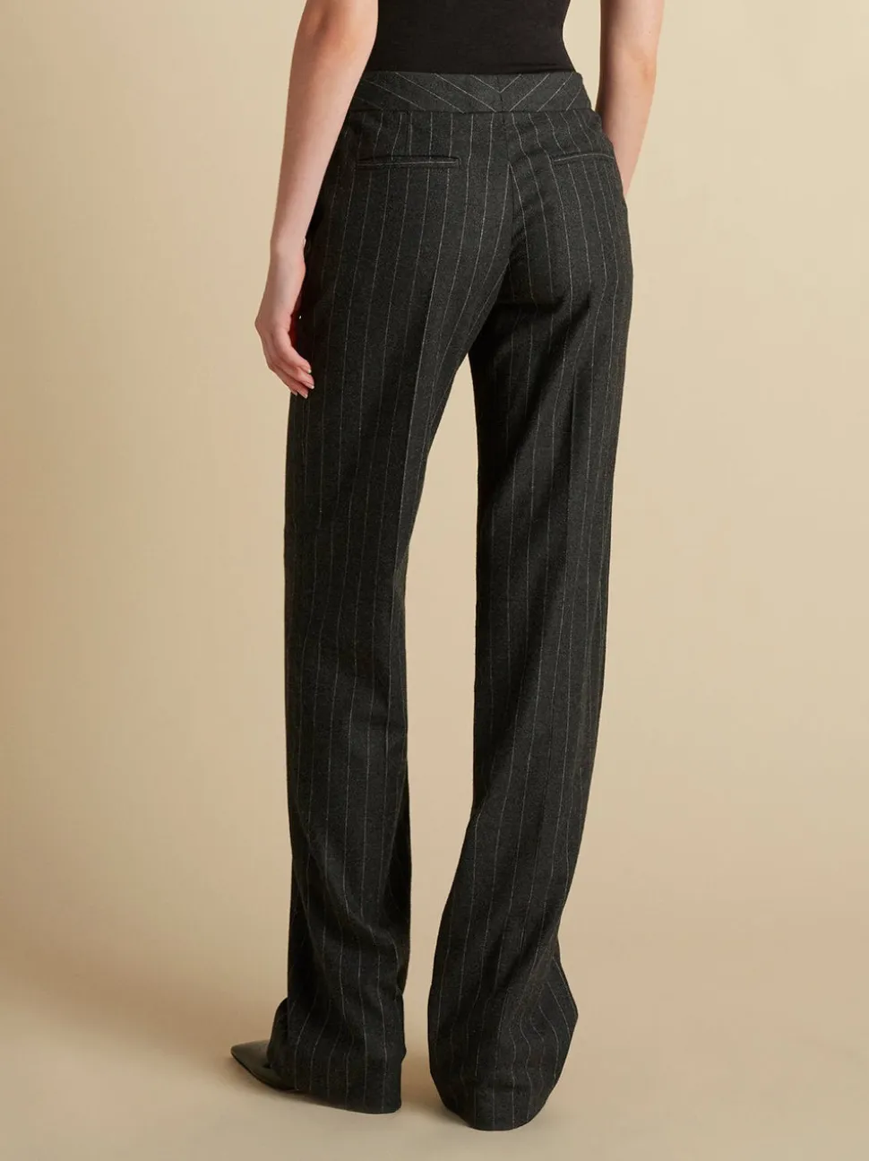 Wool Pinstripe Tailored Trouser in Charcoal & Camellia